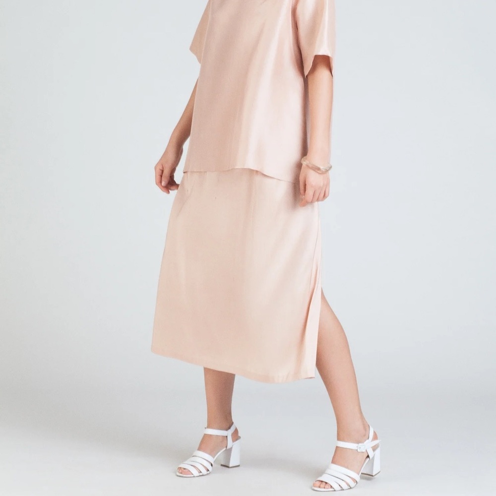 Kaarem Patches Midi Silk Skirt in Peach